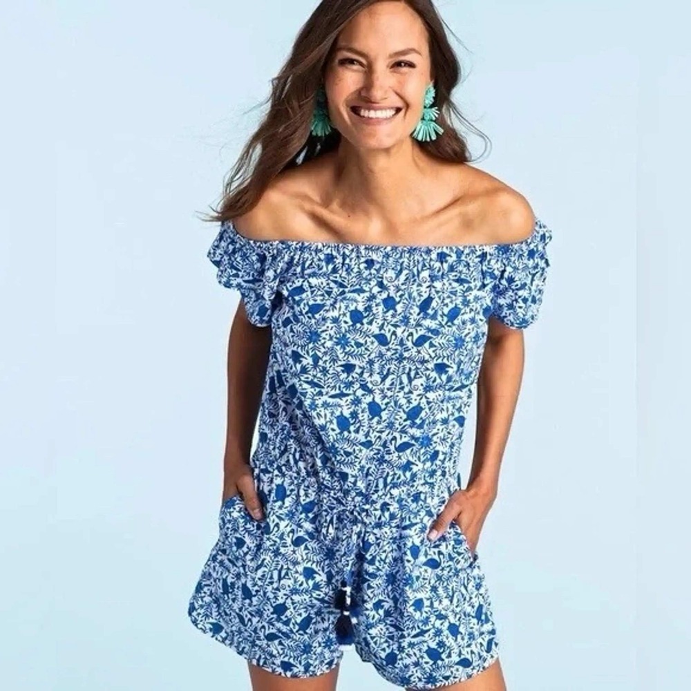 Vineyard Vines Otomi Romper Women Small Blue White Coastal Beach Sea Turtle Fish